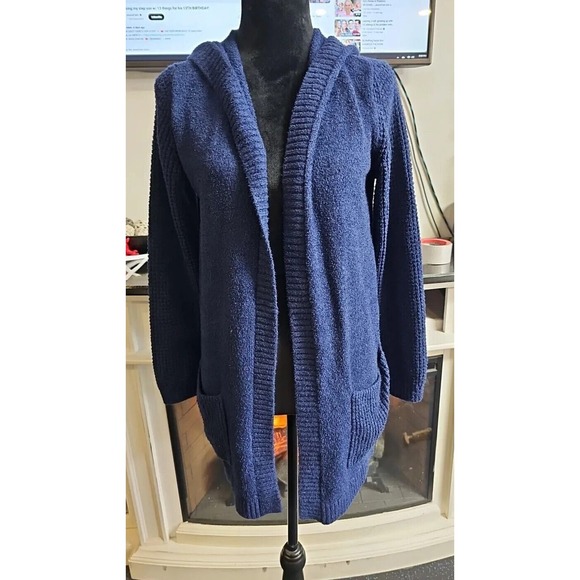 Lands End Sweater Womens Small 6/8 Blue Hooded Open Front Fuzzy Pockets - Picture 1 of 7